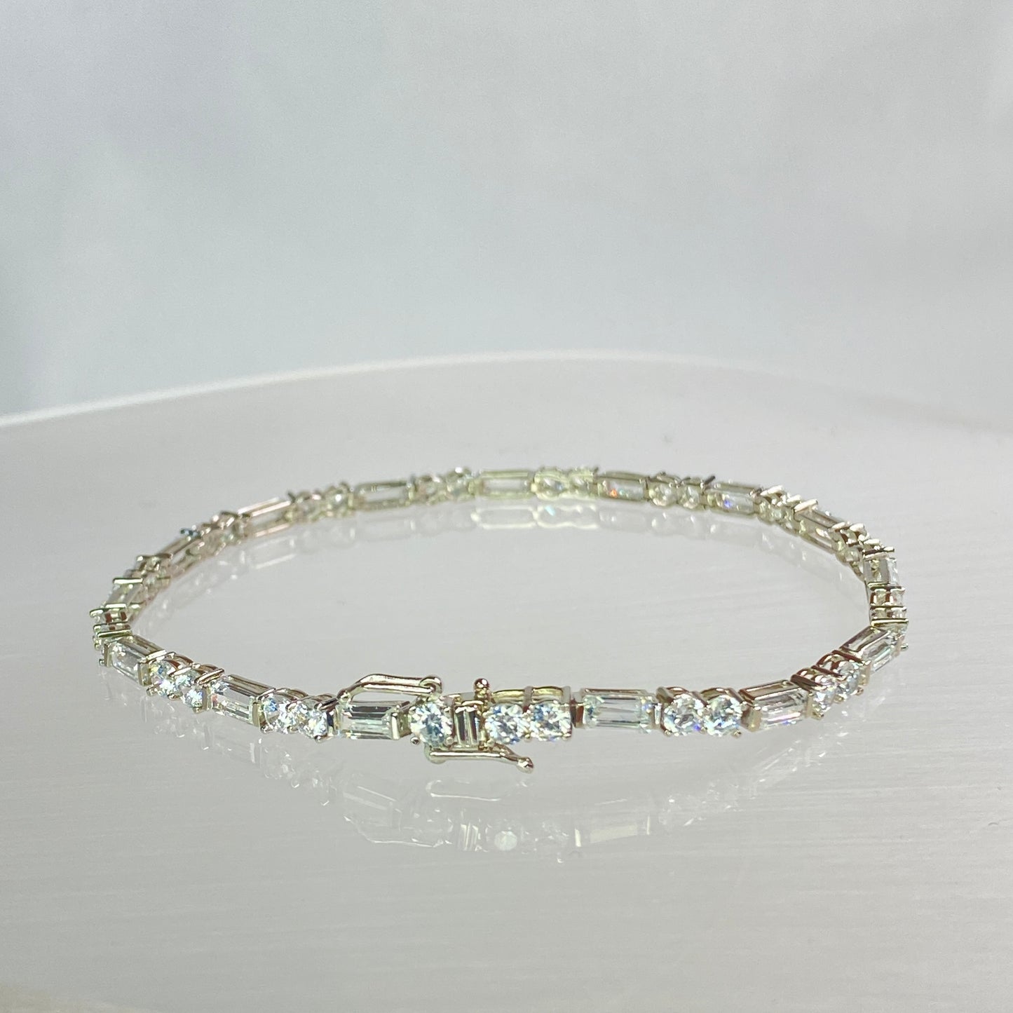 14K White Gold East West Emerald Brilliant Cut Tennis Bracelet 7.5"